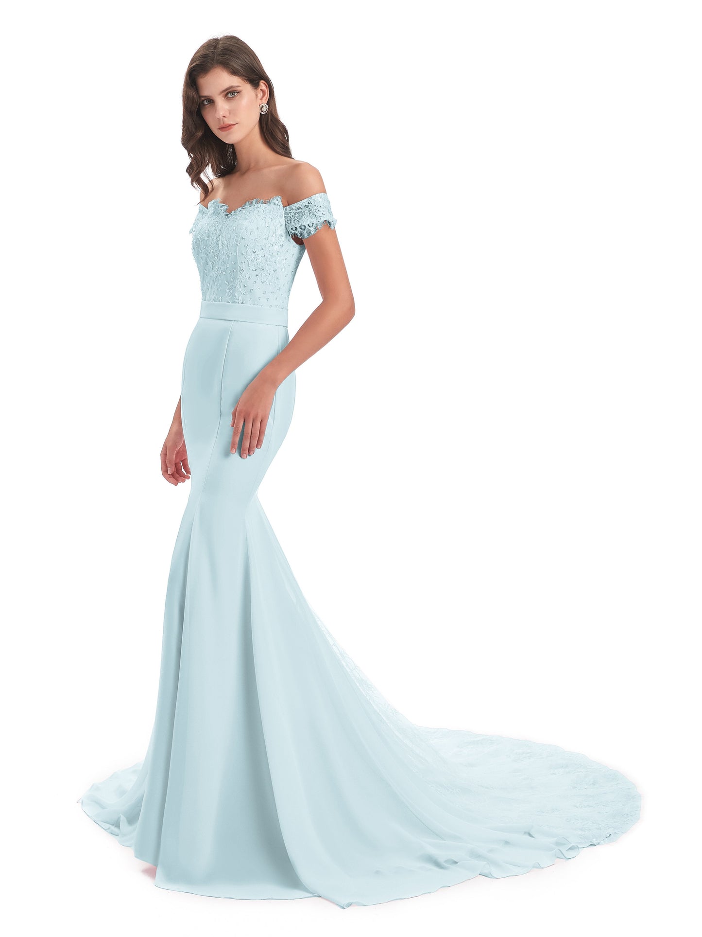 Carlee Hourglass Court Train Off The Shoulder Lace Bridesmaid Dresses