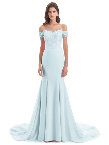 Carlee Hourglass Court Train Off The Shoulder Lace Bridesmaid Dresses