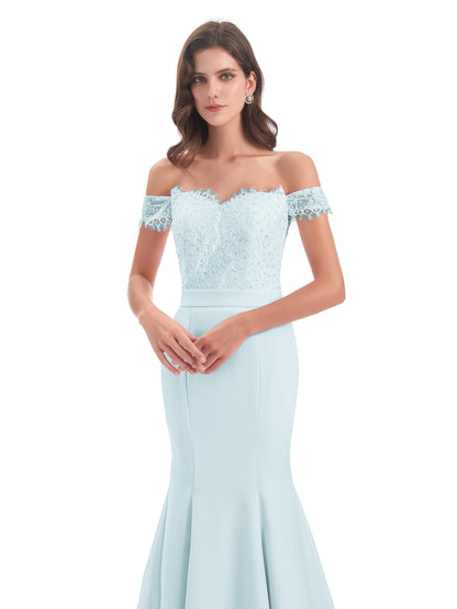 Carlee Hourglass Court Train Off The Shoulder Lace Bridesmaid Dresses