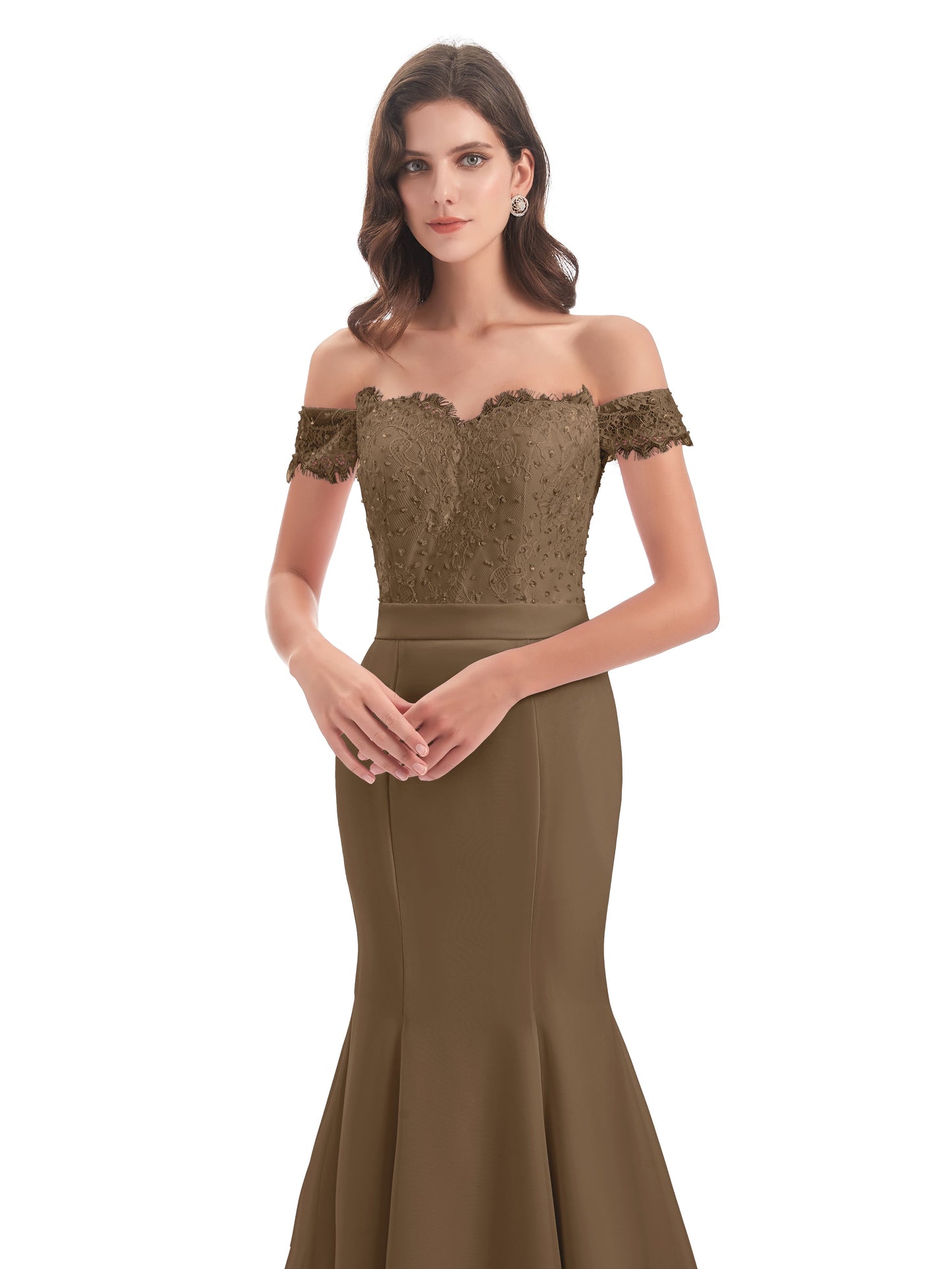 Carlee Hourglass Court Train Off The Shoulder Lace Bridesmaid Dresses