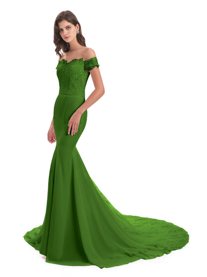 Carlee Hourglass Court Train Off The Shoulder Lace Bridesmaid Dresses