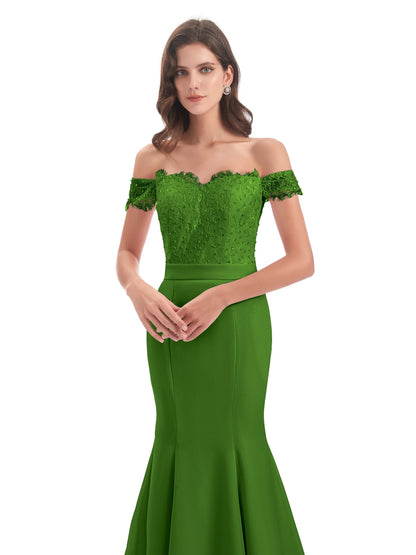 Carlee Hourglass Court Train Off The Shoulder Lace Bridesmaid Dresses