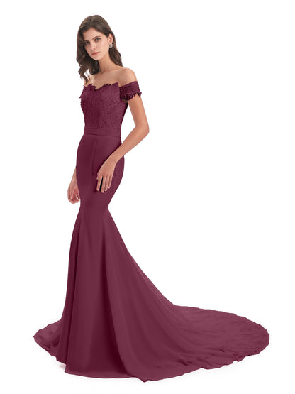 Carlee Hourglass Court Train Off The Shoulder Lace Bridesmaid Dresses
