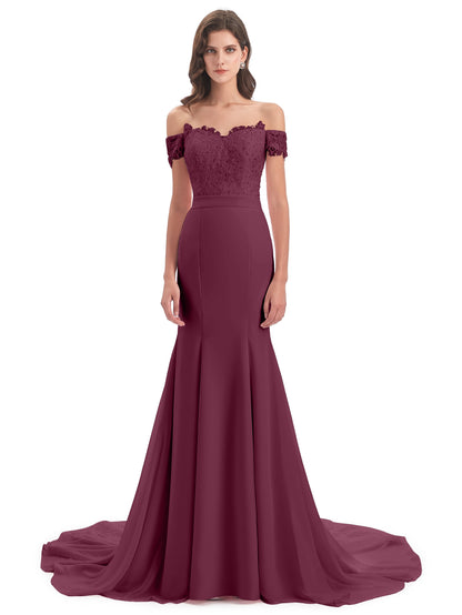 Carlee Hourglass Court Train Off The Shoulder Lace Bridesmaid Dresses