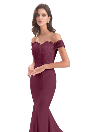 Carlee Hourglass Court Train Off The Shoulder Lace Bridesmaid Dresses