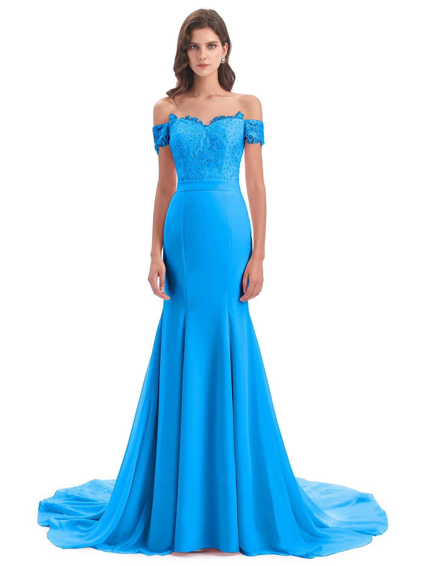 Carlee Hourglass Court Train Off The Shoulder Lace Bridesmaid Dresses