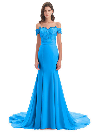 Carlee Hourglass Court Train Off The Shoulder Lace Bridesmaid Dresses