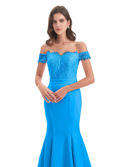 Carlee Hourglass Court Train Off The Shoulder Lace Bridesmaid Dresses