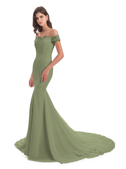 Carlee Hourglass Court Train Off The Shoulder Lace Bridesmaid Dresses