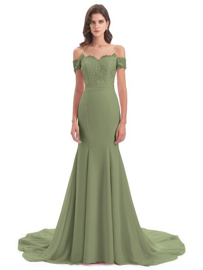 Carlee Hourglass Court Train Off The Shoulder Lace Bridesmaid Dresses