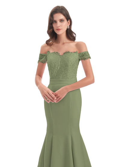 Carlee Hourglass Court Train Off The Shoulder Lace Bridesmaid Dresses