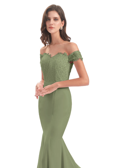 Carlee Hourglass Court Train Off The Shoulder Lace Bridesmaid Dresses