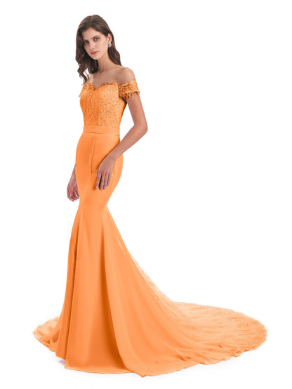 Carlee Hourglass Court Train Off The Shoulder Lace Bridesmaid Dresses