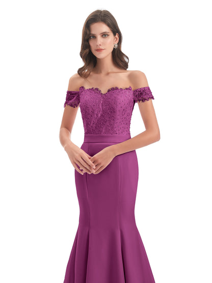 Carlee Hourglass Court Train Off The Shoulder Lace Bridesmaid Dresses