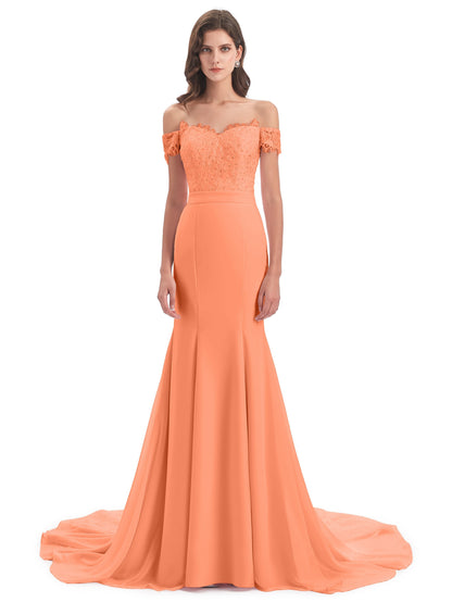 Carlee Hourglass Court Train Off The Shoulder Lace Bridesmaid Dresses