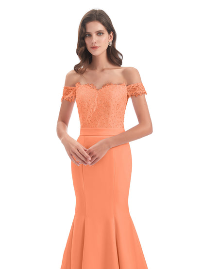 Carlee Hourglass Court Train Off The Shoulder Lace Bridesmaid Dresses