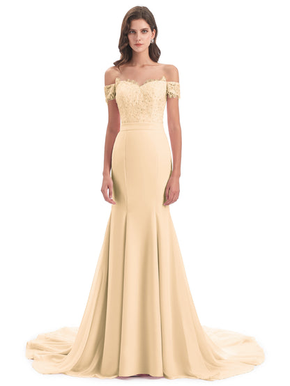 Carlee Hourglass Court Train Off The Shoulder Lace Bridesmaid Dresses