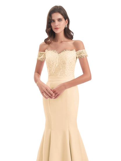 Carlee Hourglass Court Train Off The Shoulder Lace Bridesmaid Dresses