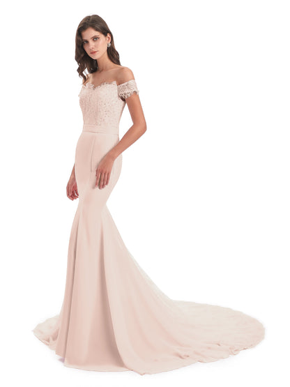 Carlee Hourglass Court Train Off The Shoulder Lace Bridesmaid Dresses