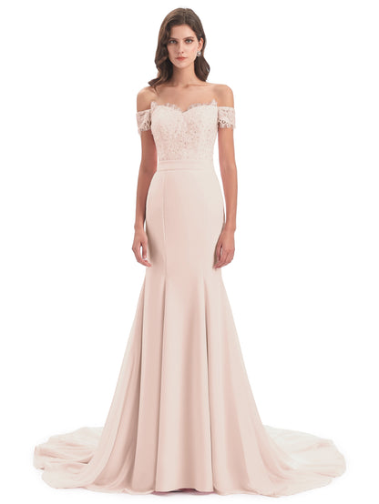 Carlee Hourglass Court Train Off The Shoulder Lace Bridesmaid Dresses