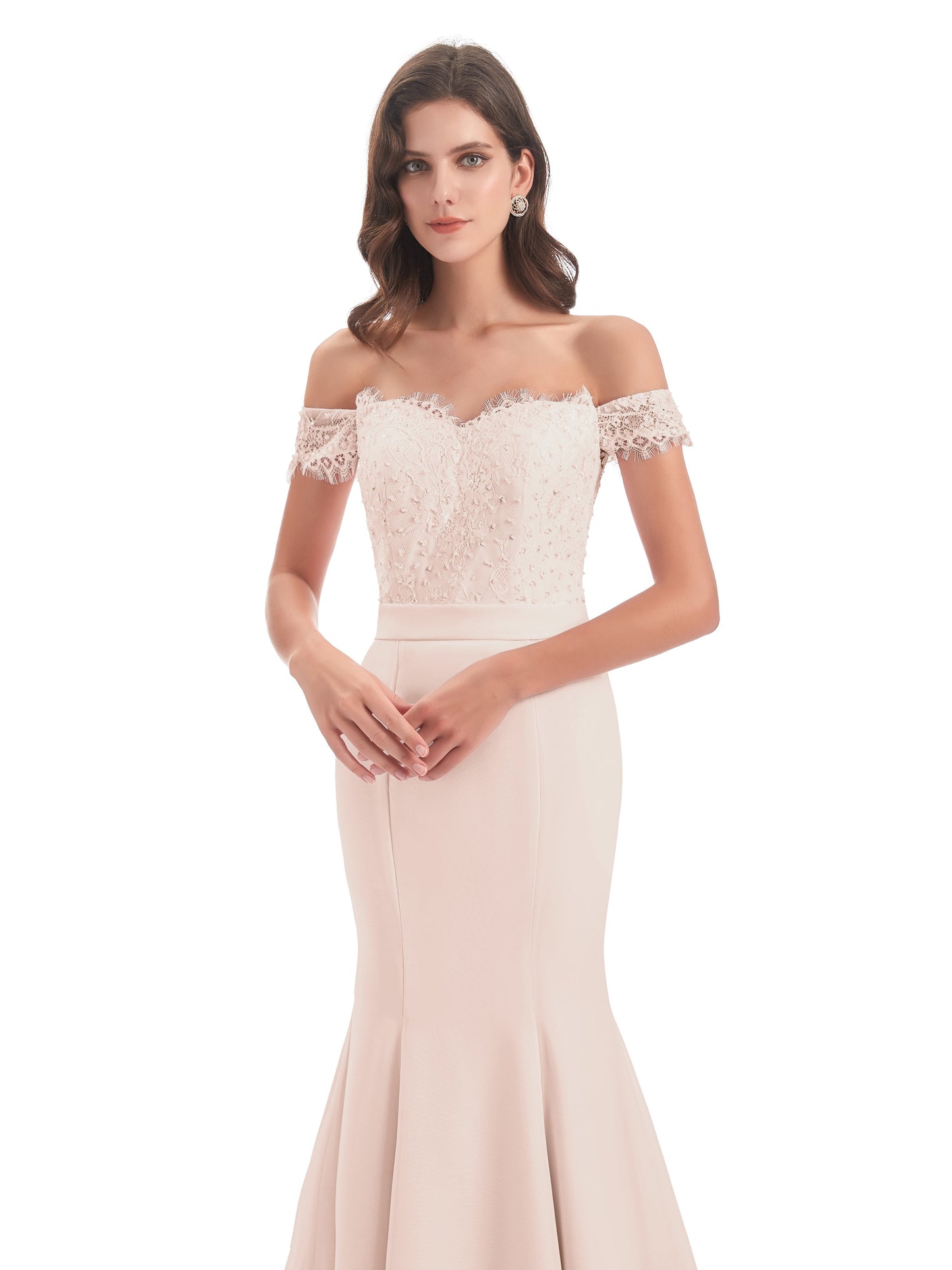 Carlee Hourglass Court Train Off The Shoulder Lace Bridesmaid Dresses