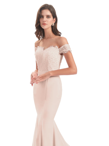 Carlee Hourglass Court Train Off The Shoulder Lace Bridesmaid Dresses