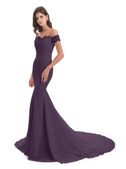 Carlee Hourglass Court Train Off The Shoulder Lace Bridesmaid Dresses