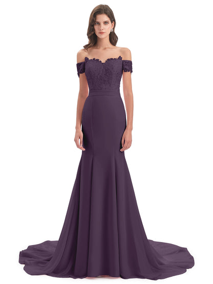Carlee Hourglass Court Train Off The Shoulder Lace Bridesmaid Dresses