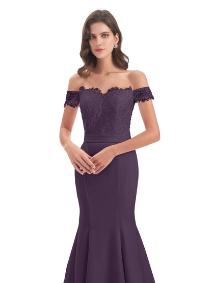 Carlee Hourglass Court Train Off The Shoulder Lace Bridesmaid Dresses