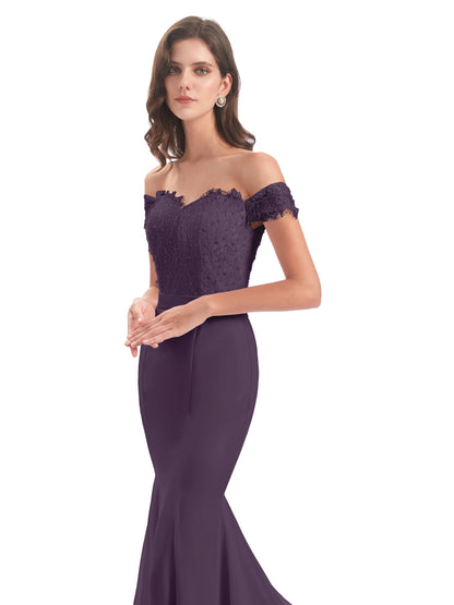 Carlee Hourglass Court Train Off The Shoulder Lace Bridesmaid Dresses