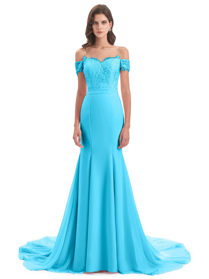 Carlee Hourglass Court Train Off The Shoulder Lace Bridesmaid Dresses