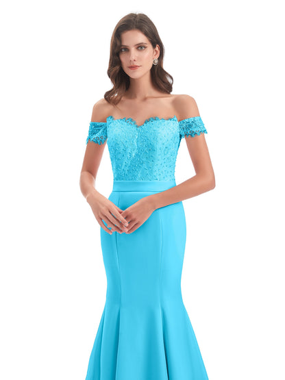 Carlee Hourglass Court Train Off The Shoulder Lace Bridesmaid Dresses