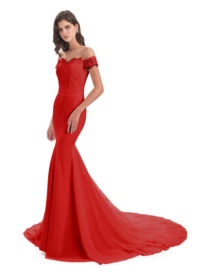 Carlee Hourglass Court Train Off The Shoulder Lace Bridesmaid Dresses