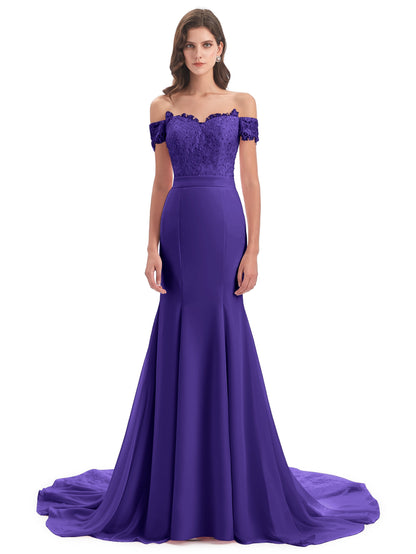 Carlee Hourglass Court Train Off The Shoulder Lace Bridesmaid Dresses