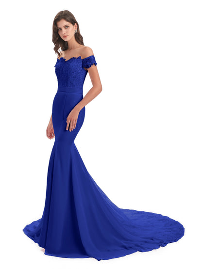 Carlee Hourglass Court Train Off The Shoulder Lace Bridesmaid Dresses