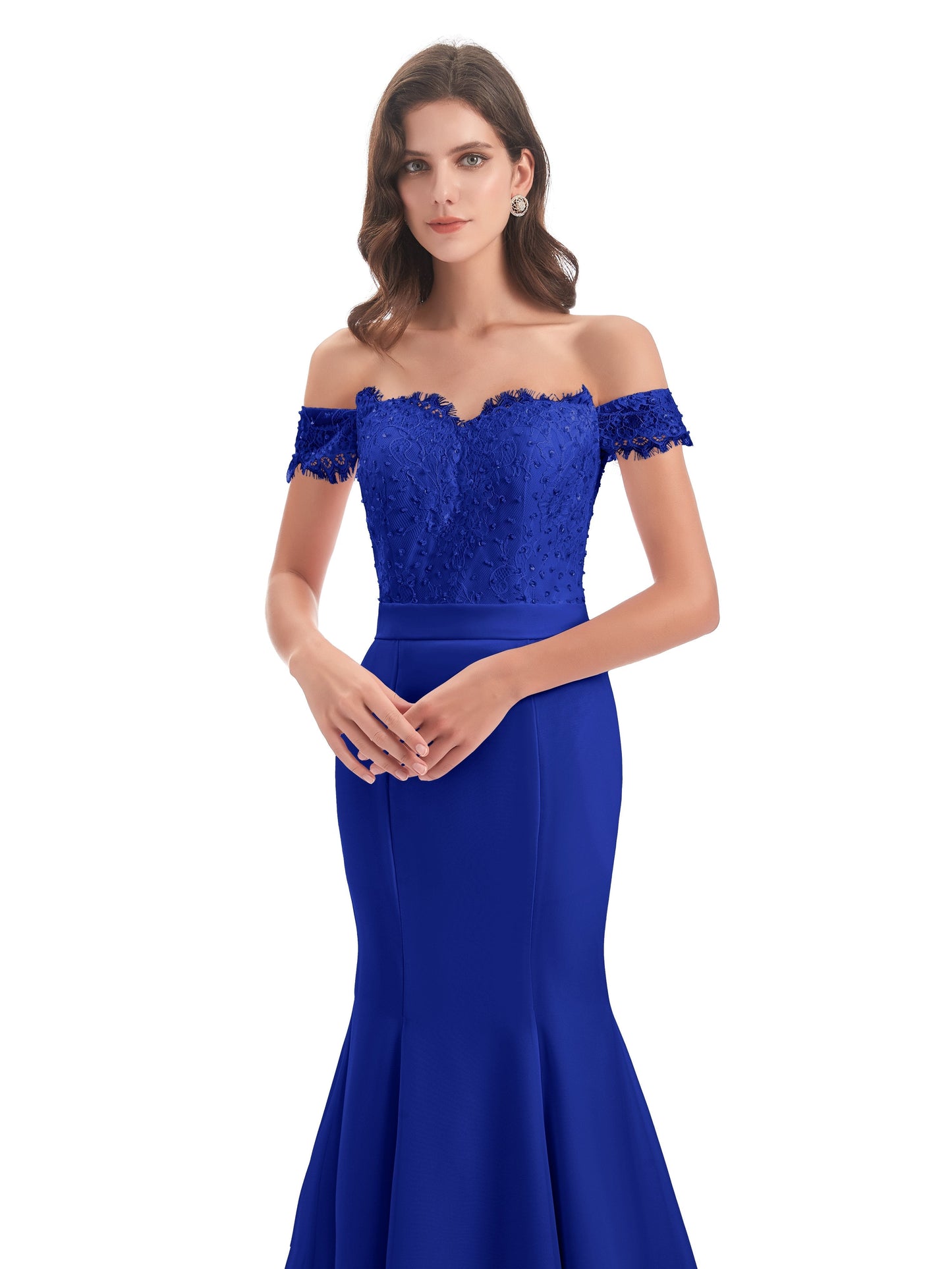 Carlee Hourglass Court Train Off The Shoulder Lace Bridesmaid Dresses