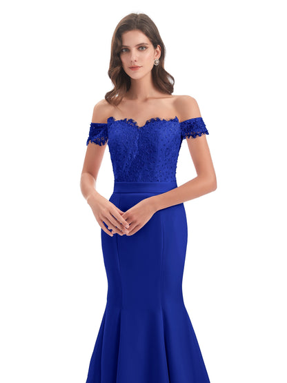 Carlee Hourglass Court Train Off The Shoulder Lace Bridesmaid Dresses