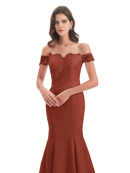 Carlee Hourglass Court Train Off The Shoulder Lace Bridesmaid Dresses