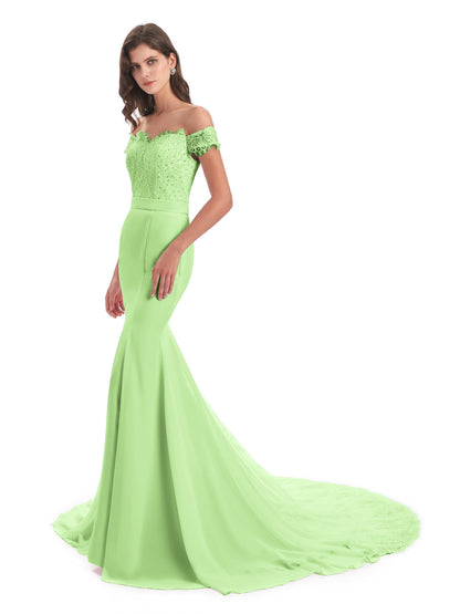 Carlee Hourglass Court Train Off The Shoulder Lace Bridesmaid Dresses