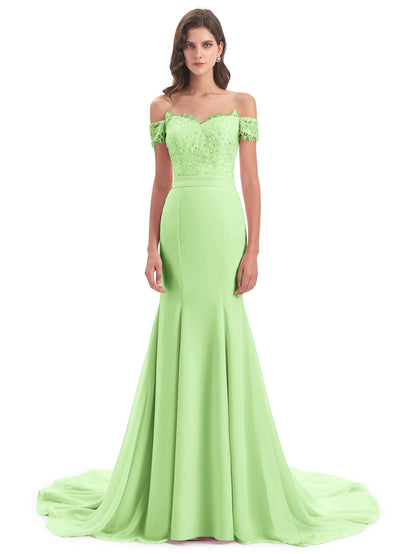 Carlee Hourglass Court Train Off The Shoulder Lace Bridesmaid Dresses