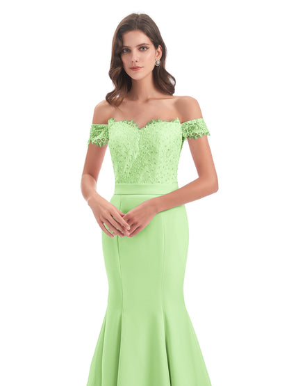 Carlee Hourglass Court Train Off The Shoulder Lace Bridesmaid Dresses
