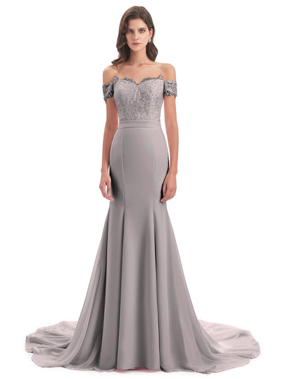 Carlee Hourglass Court Train Off The Shoulder Lace Bridesmaid Dresses