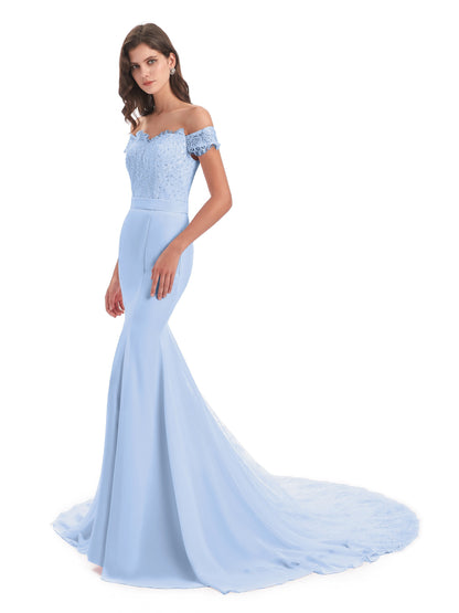 Carlee Hourglass Court Train Off The Shoulder Lace Bridesmaid Dresses