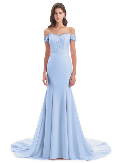 Carlee Hourglass Court Train Off The Shoulder Lace Bridesmaid Dresses