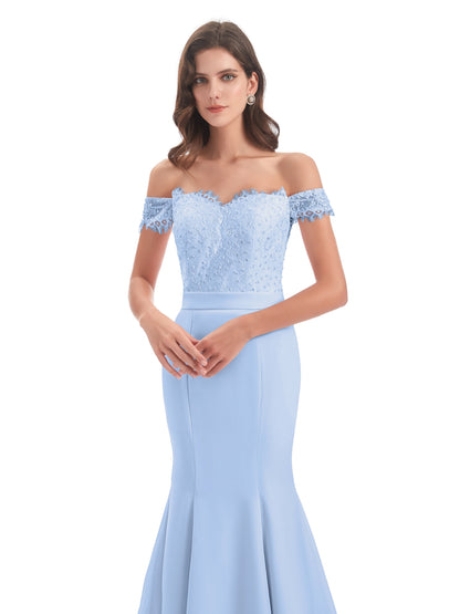 Carlee Hourglass Court Train Off The Shoulder Lace Bridesmaid Dresses