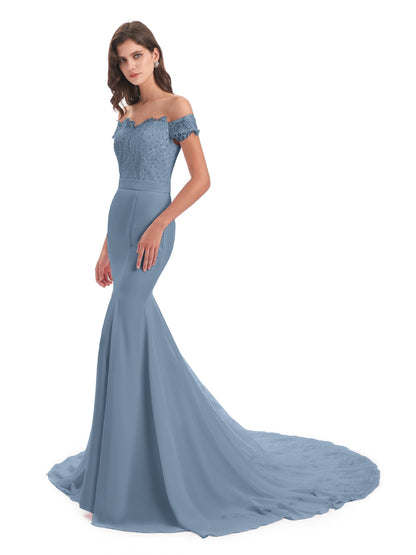 Carlee Hourglass Court Train Off The Shoulder Lace Bridesmaid Dresses