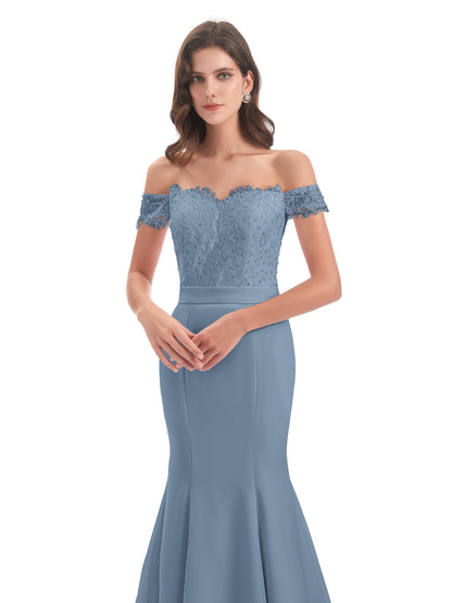 Carlee Hourglass Court Train Off The Shoulder Lace Bridesmaid Dresses