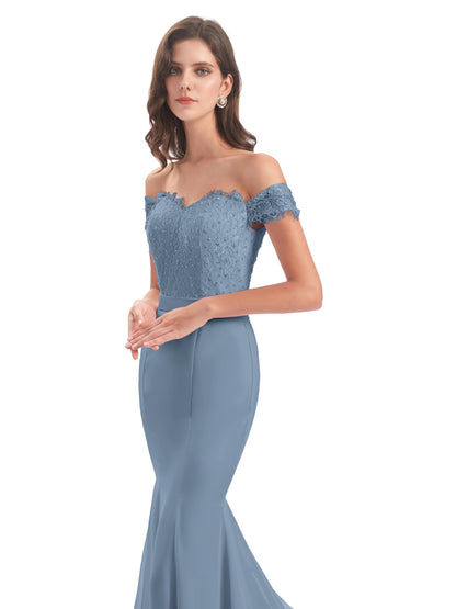 Carlee Hourglass Court Train Off The Shoulder Lace Bridesmaid Dresses