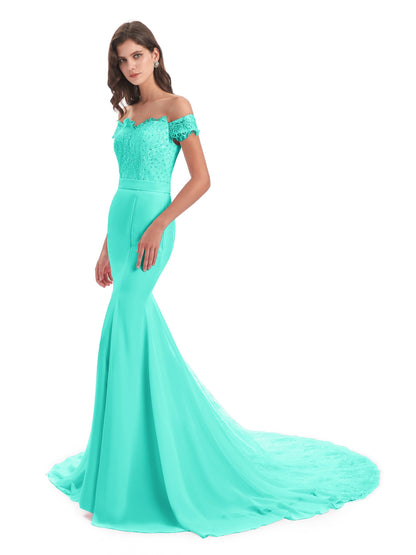 Carlee Hourglass Court Train Off The Shoulder Lace Bridesmaid Dresses