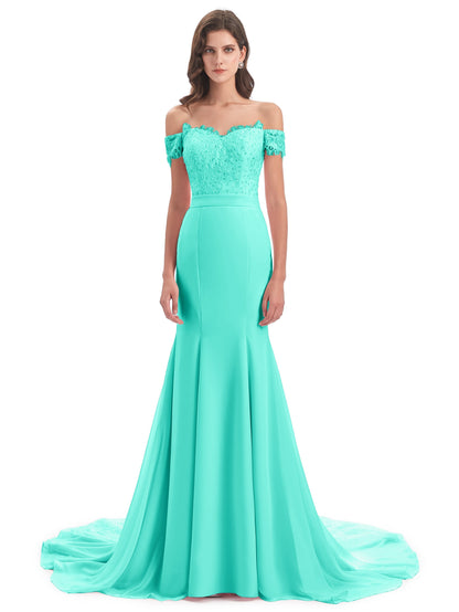 Carlee Hourglass Court Train Off The Shoulder Lace Bridesmaid Dresses